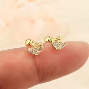 925 sterling silver swan stud earrings with cubic zirconia held on a fingertip