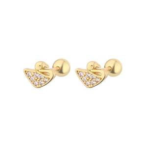 Golden swan stud earrings with white cubic zirconia and secure screw back closure