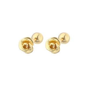 Detailed view of golden 3D rose stud earrings with secure screw-back ball closures