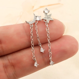 925 silver moon and star tassel earrings featuring sparkling zircons and long drops