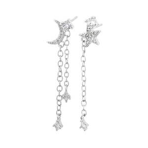 925 silver moon and star tassel earrings with asymmetric crystal studs and long chains
