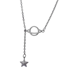 Minimalist silver planet Saturn necklace with star pendant on a delicate chain