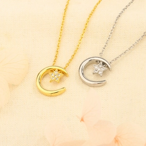 Collier Pendentif Étoile Et Lune Cuivre Zirconium Minimaliste Élégant Chaîne De Clavicule Bijoux Pour Femmes