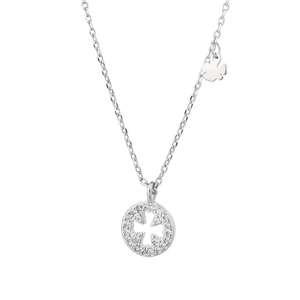 Elegant silver four-leaf clover necklace with pave zircon stones on white background