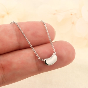 S925 silver bean pendant necklace with polished finish on a fine cable chain