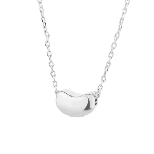 Minimalist silver bean pendant necklace with polished finish on a delicate link chain