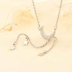 Elegant Star Moon Pendant Necklace Copper With Zircon Inlay Simple Tassel Clavicle Chain For Women Daily Wear