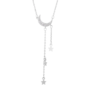 Detail of elegant Y-shaped star and moon necklace with sparkling pavé stones