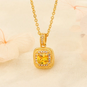 Collier En Cuivre Avec Pendentif Carré En Zircon Jaune Design Halo Vintage Bijoux De Luxe Pour Femmes Élégante Chaîne