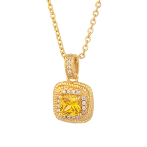 Élégant collier doré avec pendentif en zircone carrée jaune et petits diamants fins