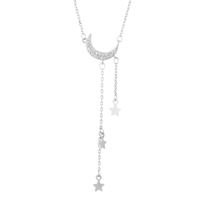 Elegant silver star and moon pendant necklace with zircon crescent and tassels