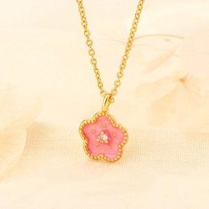Cherry Blossom Pendant Necklace Copper Pink Enamel Flower Zircon Clavicle Chain Sweet Romantic Jewelry For Women