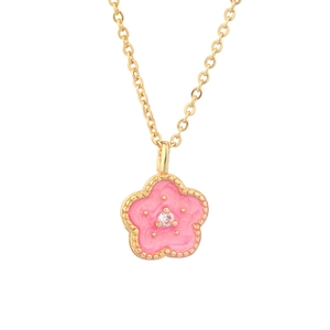 Pink cherry blossom pendant necklace with gold chain and zircon center for women