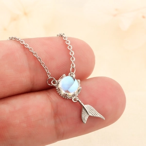 925 silver mermaid tail necklace with blue moonstone pendant on a delicate link chain
