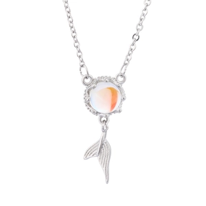 925 silver mermaid tail necklace with iridescent moonstone pendant on white background
