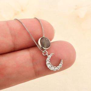 Moonstone moon pendant necklace with silver box chain and sparkling zircon moon