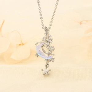 Mond Und Stern Anhänger Halskette Kupfer Mit Zirkon Synthetischer Opal Elegante Schlüsselbeinkette Mode Schmuck Für Damen