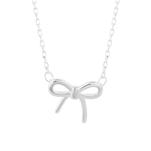 Minimalist silver-tone bow necklace with a sleek ribbon pendant on a thin cross chain