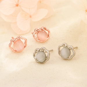 Vintage Ruyi Longevity Lock Stud Earrings With Cat Eye Stone Alloy Copper Jewelry And Silver Earring Post For Women