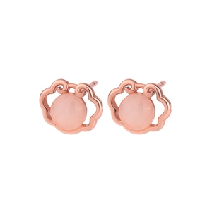 Close-up of Ruyi-shaped rose gold earrings with pink cat eye stones and intricate details