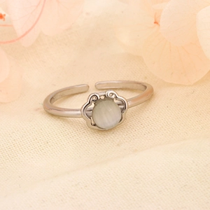 Vintage Ruyi Lock Adjustable Ring For Women With Round Cat's Eye Stone Copper Finger Jewelry