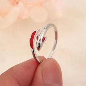 Elegant koi fish open ring in silver with red enamel accents for women