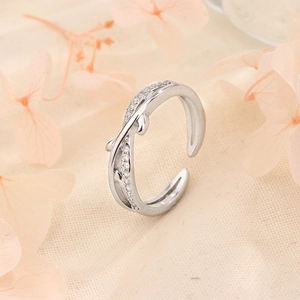 Elegant Olive Branch Adjustable Ring Copper With Sparkling Zircon Inlay Twisted Vine Leaf Jewelry For Women