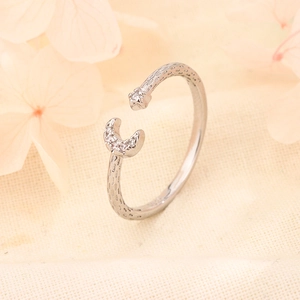Star Moon Open Ring Copper Zirconia Inlaid Textured Band Minimalist Adjustable Jewelry For Women Elegant Dainty Accessory