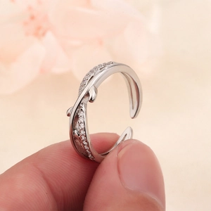 925 sterling silver adjustable open ring with leaf design and sparkling cubic zirconia