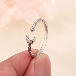 Adjustable S925 sterling silver star and moon open ring with sparkling cubic zirconia