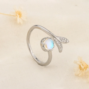 Moonstone mermaid tail silver open ring with shimmering crystals in a soft setting