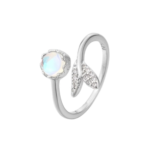 Detail of S925 silver stamp on mermaid tail ring with moonstone and cubic zirconia