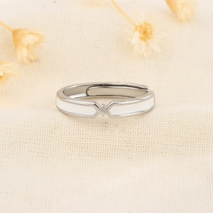 Minimalist adjustable silver ring with white enamel and X symbol for couples