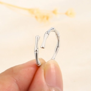 S925 sterling silver bamboo style adjustable open ring featuring natural textured joints