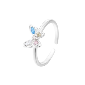 Elegant S925 sterling silver butterfly ring with colorful gemstones in adjustable open design