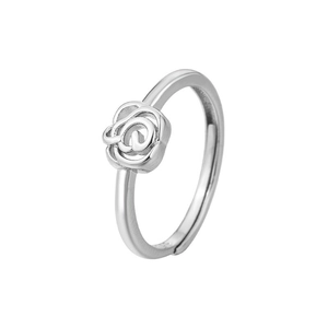 S925 silver hollow rose open ring with adjustable band shown at a 45-degree angle