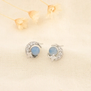Boucles Oreilles Puces Lune Étoile Cuivre Avec Tige En Cuivre Perle Bleue Zircon Bijoux Minimalistes Célestes