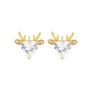 Exquisite golden reindeer antler stud earrings with heart-shaped sparkling cubic zirconia