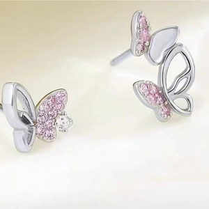 Elegant S925 silver asymmetric pink butterfly earrings with zirconia stones for women