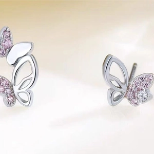 Elegant S925 silver pink asymmetric butterfly stud earrings with sparkling zircons