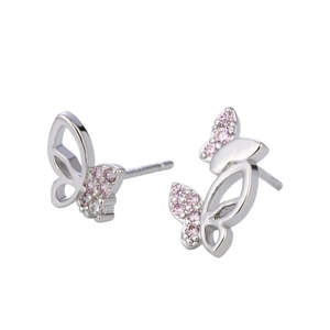 Elegant s925 silver butterfly earrings with pink cubic zirconia in asymmetric design