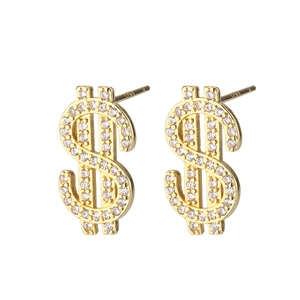 Detail of dollar sign earrings with sparkling pave zircon and S925 sterling silver post