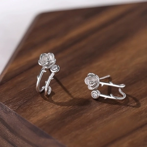 Exquisite 925 sterling silver camellia rose stud earrings with sparkling zircon stones