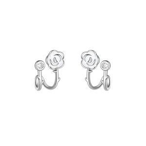 Hollow S925 sterling silver camellia earrings with cubic zirconia in a minimalist design