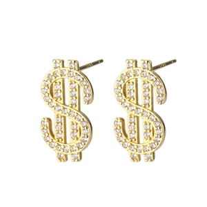 Sparkling dollar sign stud earrings in gold with white crystals and S925 silver needle