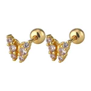 Detailed view of butterfly stud earrings with gold plating and cubic zirconia butterfly wings
