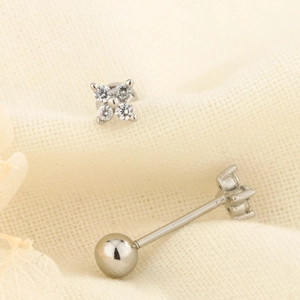 Silver flower stud earrings with cubic zirconia stones and threaded screw back balls