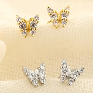 Butterfly Stud Earrings Zircon Copper With 925 Sterling Silver Earring Post Screw Back Cartilage Piercing Jewelry Women