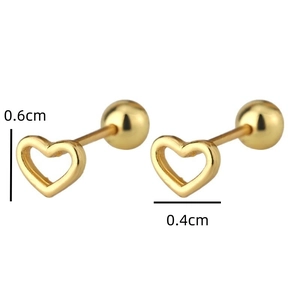 Detailed view of S925 sterling silver hollow heart screw back studs measuring 0.6x0.4cm