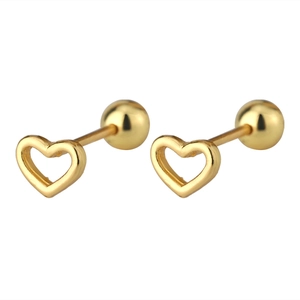 Macro detail of gold-plated hollow heart stud earrings with secure screw-on ball backings